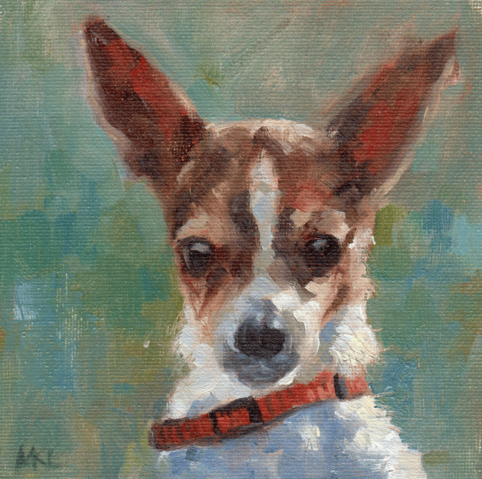 Chihuahua Mixed with Red Collar, 6 x 6 inches oil on canvas panel