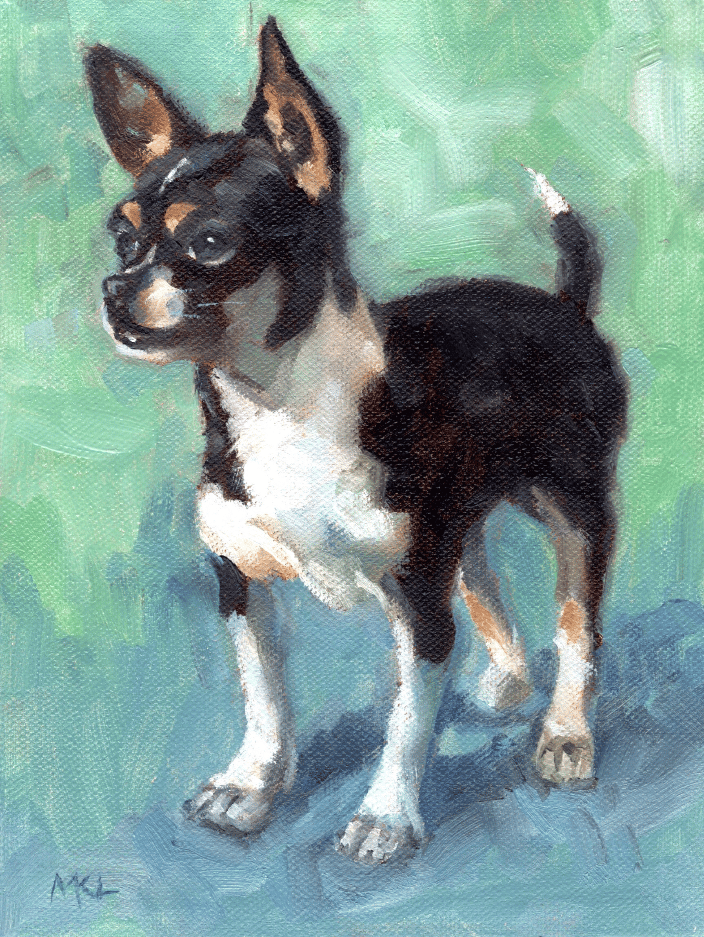 Commissioned dog painting of a chihuahua mix, 8 x 6 inches oil on canvas panel