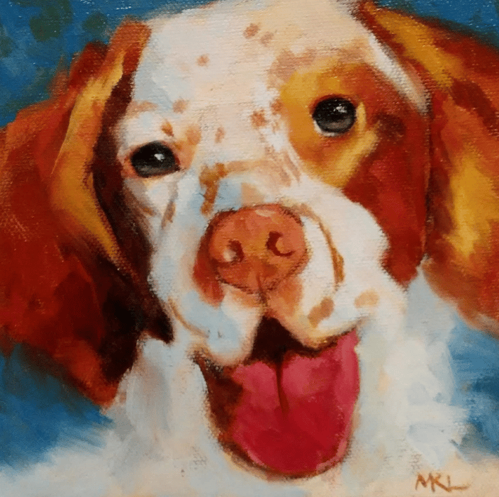 Commissioned painting of a brittany spaniel, 8 x 8 inches oil on stretched canvas