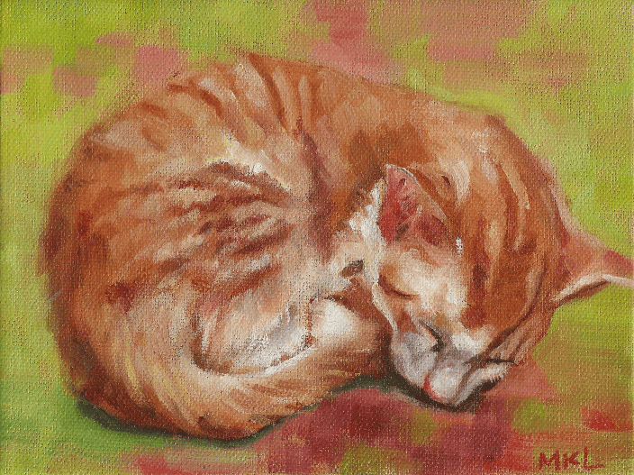 A painting of a little kitten curled up, 6 x 8 inches oil on stretched canvas