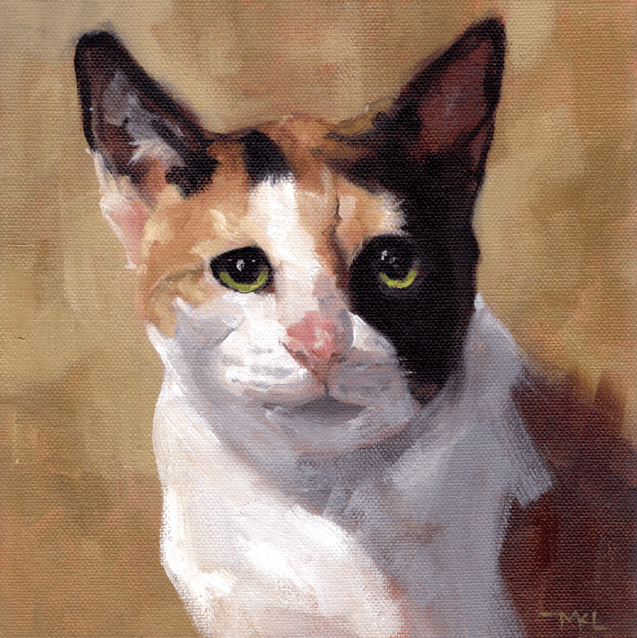 A painting of a calico cat, 8 x 8 inches oil on stretched canvas