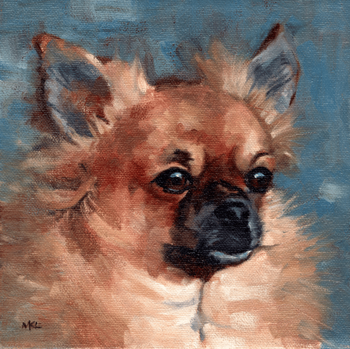 A oil painting of a long haired chihuahua